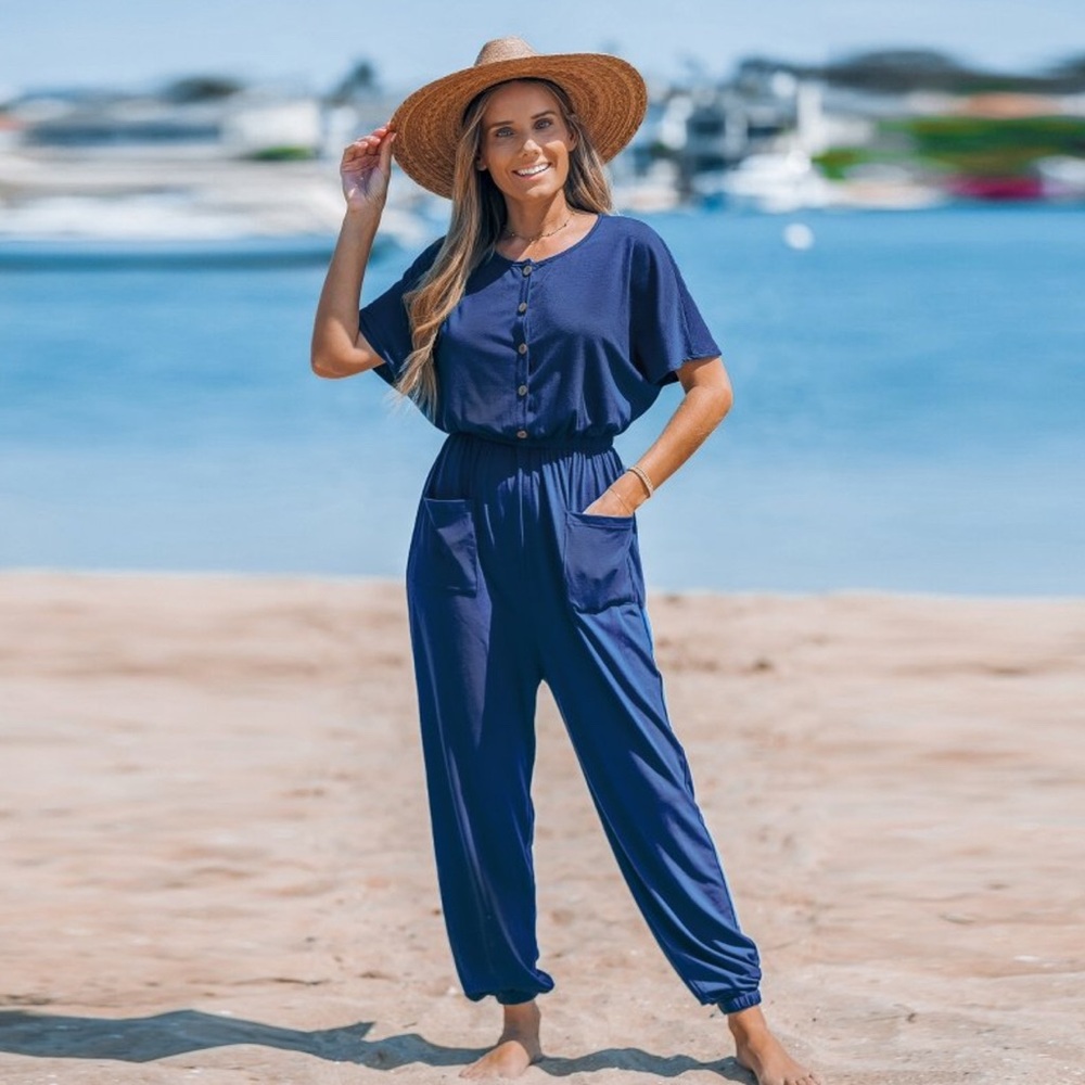 Navy Blue Full Length Jumpsuit with Relaxed Fit and Fluttery Sleeves